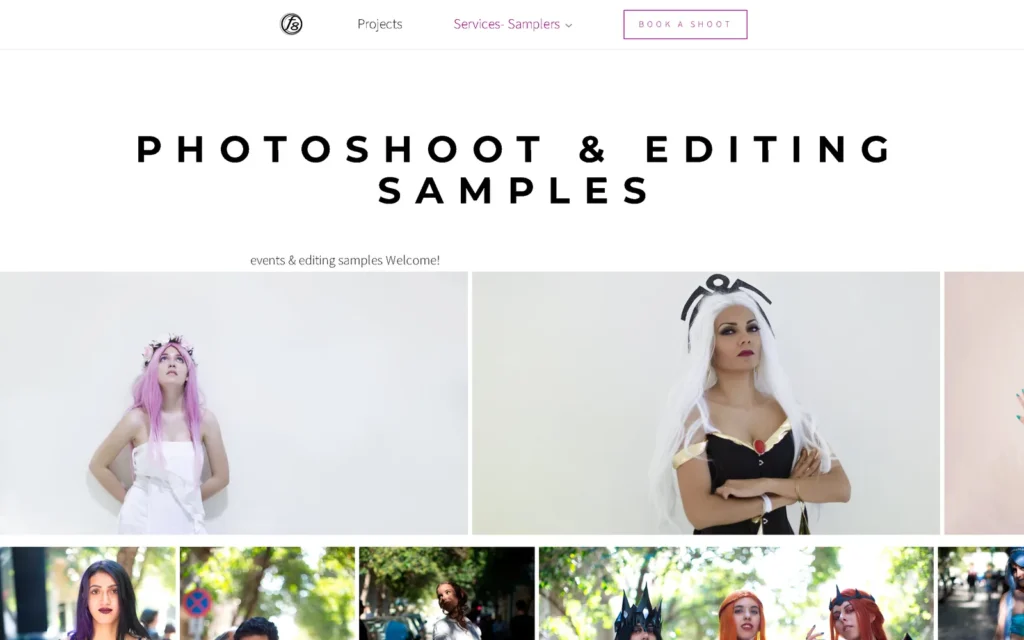 Σελίδα υπηρεσίας στο seefatephotography.com με οριζόντιες λωρίδες φωτογραφιών cosplay
